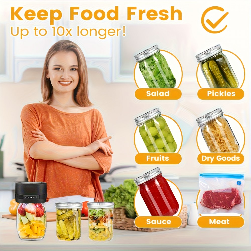 Mason Jar Vacuum Sealer with Vacuum Bags, Suitable for Wide and Regular Mouth Mason Jars, for Storing Dry Goods, Includes 5 Wide and 5 Regular Mouth Mason Lids