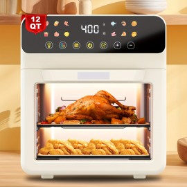 [Smart Air Fryer Oven] 12-in-1 Large 12-quart Air Fryer Oven | 12 One-Touch Preset Functions, Smart Cook Program, Two Baking Pan Accessories, Viewing Window, Interior Light, Adjustable Time & Temp, Oil-Free Family Cooker, Kitchen Appliances