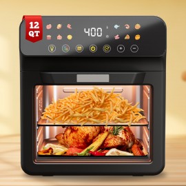 [Smart Air Fryer Oven] 12-in-1 Large 12-quart Air Fryer Oven | 12 One-Touch Preset Functions, Smart Cook Program, Two Baking Pan Accessories, Viewing Window, Interior Light, Adjustable Time & Temp, Oil-Free Family Cooker, Kitchen Appliances