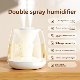 101.44oz Large Capacity Humidifier with Dual Nozzles, Quiet Operation, Digital Humidity Display, 7-Color Night Light, Overflow Protection, Suitable for Home, Office, Dormitory, Humidifier For Home, Office Humidifier, Modern Humidifier