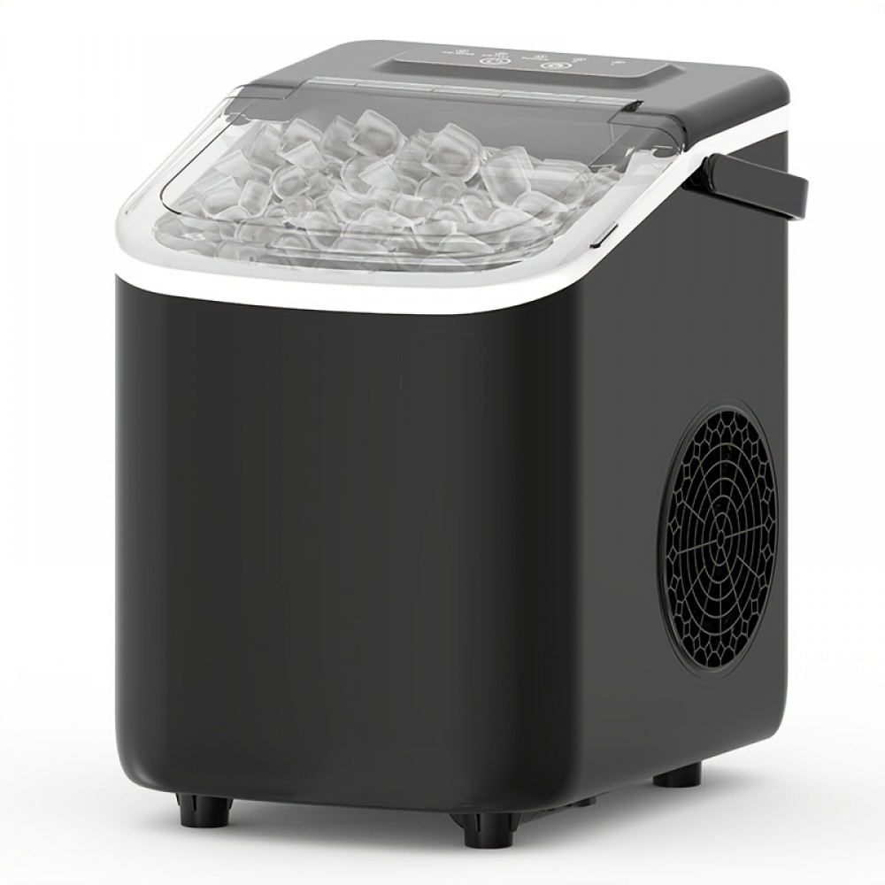 Ice Maker with A Handle On The Countertop. It Can Make 9 Bullet-shaped Ice Cubes In 6 Minutes, with A 24-hour Ice-making Capacity Of 26 Pounds. It Is Equipped with An Automatic Cleaning Function And Comes with An Ice Basket And An Ice Scoop.