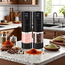 Foqucy-[2-pack] Black electric pepper grinder, power LED display, 4.06oz large capacity, 6-level coarse and fine adjustment, one-handed operation, durable and high-value pepper grinder, suitable for home, kitchen, party, restaurant, barbecue
