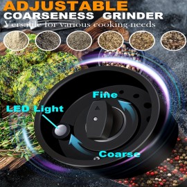 Foqucy-[2-pack] Black electric pepper grinder, power LED display, 4.06oz large capacity, 6-level coarse and fine adjustment, one-handed operation, durable and high-value pepper grinder, suitable for home, kitchen, party, restaurant, barbecue