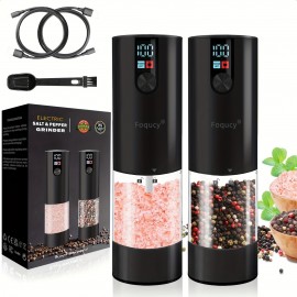 Foqucy-[2-pack] Black electric pepper grinder, power LED display, 4.06oz large capacity, 6-level coarse and fine adjustment, one-handed operation, durable and high-value pepper grinder, suitable for home, kitchen, party, restaurant, barbecue